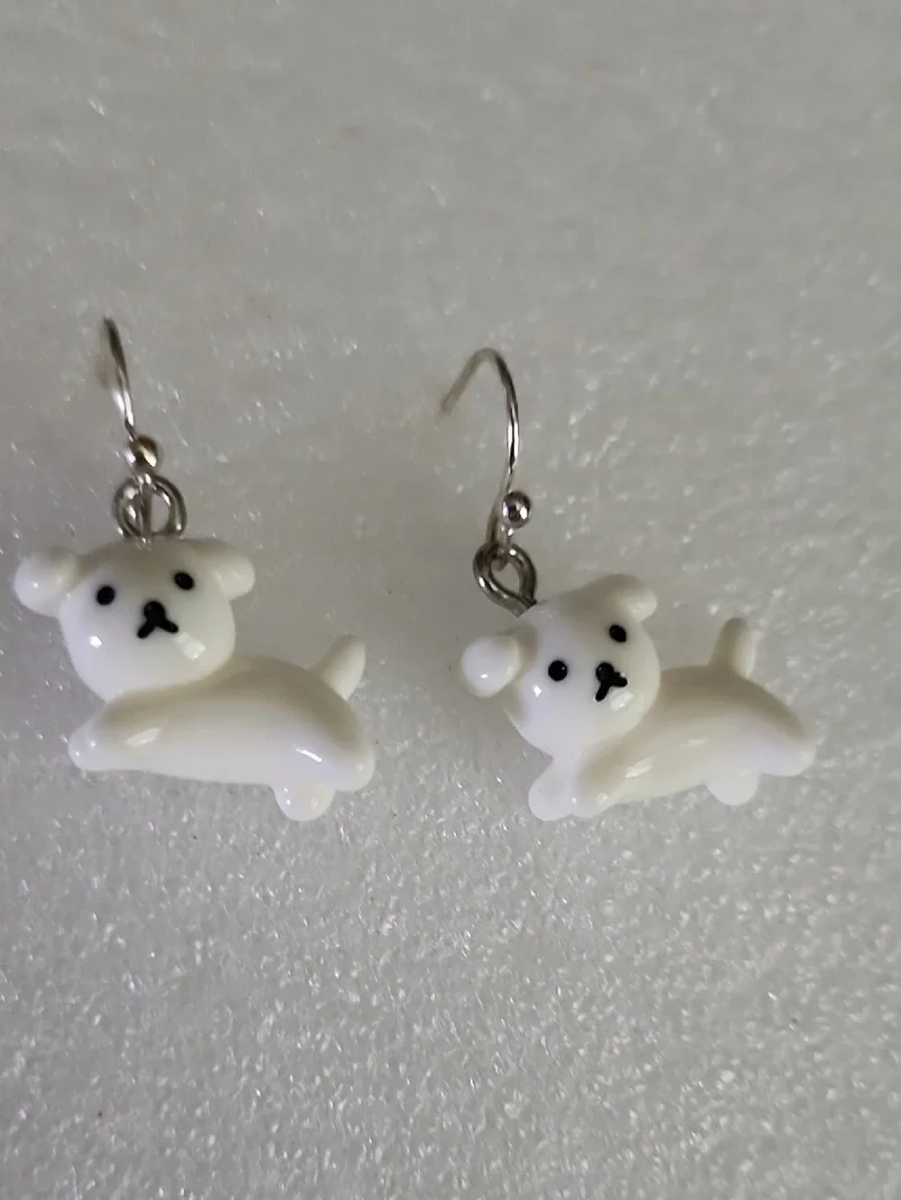 Hand Crafted White Cute Puppy Dangle Earrings